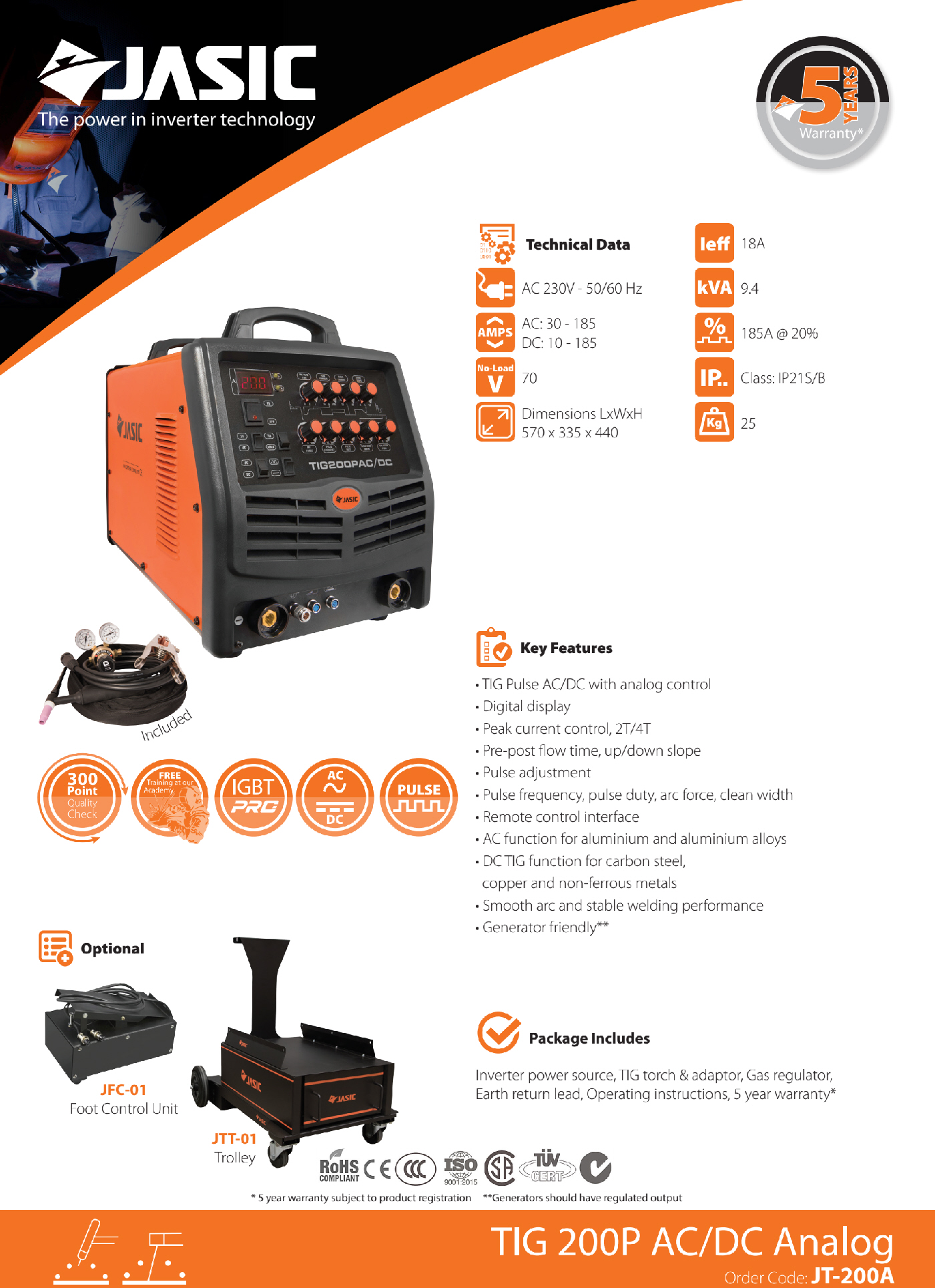 Jasic Tig 200 Analog AC/DC Tig Welder 230 Volt Jasic Tig 200 Analog