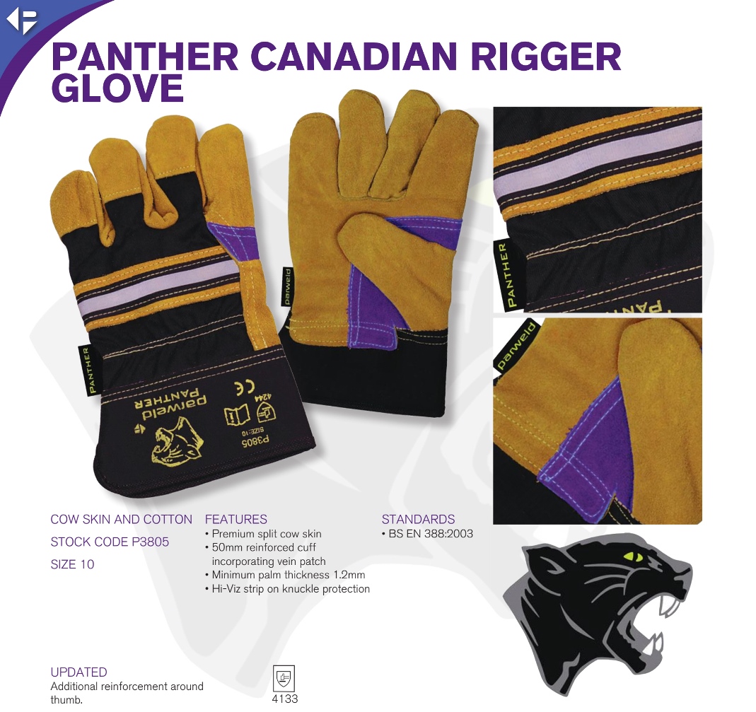 SIZE 10 LARGE PARWELD PANTHER PRO; P3805 REINFORCED RIGGER LEATHER GLOVES 