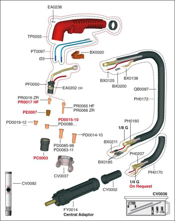 Kit Consommables Pour Torche Plasma Trafimet Ergocut S25K/S35K/S45 - 13 Pièces (5 électrodes, 5 Buses, 1 Diffuseur, 1 Bouclier, 1 Guide) - Diamètre Pointe 0,8 Mm